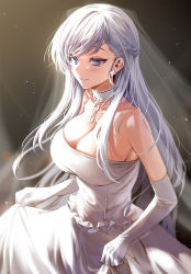 Rule 34 | 1girl, absurdres, azur lane, bare shoulders, belfast (azur lane), belfast (the pledge of claddagh) (azur lane), belfast (the pledge of claddagh) (azur lane), blue eyes, breasts, bridal gauntlets, chain, choker, collarbone, commentary request, dress, earrings, elbow gloves, gloves, gradient hair, highres, jewelry, large breasts, long hair, looking away, multicolored hair, official alternate costume, parted lips, sidelocks, simple background, smile, solo, strapless, strapless dress, wedding dress, white dress, white gloves, white hair, yuki (asayuki101)