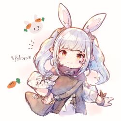 Rule 34 | 1girl, absurdres, animal ears, bag, bloom, brown scrunchie, brown vest, carrot print, character name, closed mouth, cosplay, final fantasy, final fantasy xiv, food print, hair ribbon, hand on own hip, heart, heart tattoo, highres, hololive, lalafell, light blush, long bangs, looking at viewer, mokokoiro, rabbit ears, red scarf, ribbon, scarf, scrunchie, shirt, shoulder bag, simple background, solo, tattoo, twintails, upper body, usada pekora, usada pekora (cosplay), vest, virtual youtuber, warrior of light (ff14), white hair, white shirt, wrist scrunchie