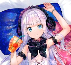 Rule 34 | 1girl, arm garter, arm up, armpits, bare arms, bare shoulders, blue eyes, blunt bangs, bow, bowtie, bracelet, breasts, closed mouth, commentary request, cup, disposable cup, dress, drink, drinking straw, floral print, fuzichoco, hand up, headdress, holding, holding cup, jewelry, kenja no deshi wo nanoru kenja, long hair, looking at viewer, lying, mira (kendeshi), on back, pillow, sleeveless, sleeveless dress, small breasts, smile, solo, upper body, v-shaped eyebrows, white dress, white hair