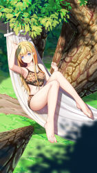 Rule 34 | 1girl, animal print, arm up, armpits, bare legs, barefoot, blonde hair, blue eyes, blurry, blurry foreground, breasts, chinese commentary, closed mouth, commentary request, crop top, feet, from above, full body, grass, hammock, hand up, highres, knees together feet apart, legs, leopard print, looking at viewer, lying, medium breasts, midriff, nail polish, on back, original, outdoors, shadow, shiny skin, solo, thighs, toenail polish, toenails, toes, tree, wcks0774