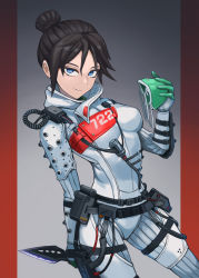 Rule 34 | 1girl, animification, apex legends, black hair, blue eyes, bodysuit, breasts, cable, cowboy shot, hair behind ear, hair between eyes, hair bun, highres, holding, holding knife, holding mask, knife, kunai, leaning back, mask, medium breasts, parted bangs, quarantine 722 wraith, single hair bun, smile, solo, sunao (70 the), unworn mask, weapon, white bodysuit, wraith (apex legends)