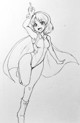 Rule 34 | 1girl, boots, breasts, cape, cloak, competition swimsuit, covered navel, d-m (dii emu), feet out of frame, front zipper swimsuit, greyscale, hairband, holding, holding cape, holding clothes, knee boots, leg up, looking at viewer, meme attire, monochrome, one-piece swimsuit, open mouth, pointing, pointing up, short hair, small breasts, standing, standing on one leg, swimsuit, tenkyuu chimata, tiptoes, touhou, traditional media