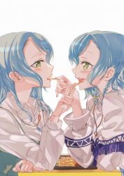Rule 34 | 2girls, aqua hair, bang dream!, bead necklace, beads, blush, commentary request, dress, eating, food, french fries, green dress, green eyes, highres, hikawa hina, hikawa sayo, holding, holding food, jewelry, junjun (kimi-la), looking at another, multiple girls, mutual feeding, necklace, shared food, shawl, shirt, siblings, sisters, sitting, sparkling eyes, table, twins, white background, white shawl, white shirt
