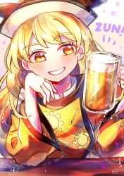 Rule 34 | 1girl, alcohol, beer, blonde hair, blush, brown hat, cape, detached sleeves, glass, hands up, hat, highres, itsumizu, light, long hair, long sleeves, matara okina, shirt, sitting, smile, solo, sparkle, sun symbol, table, teeth, touhou, white hat, white shirt, white sleeves, yellow cape, yellow eyes, yellow sleeves