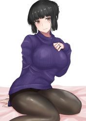 Rule 34 | 1girl, absurdres, black hair, black pantyhose, blunt bangs, breasts, brown eyes, closed mouth, commentary request, hair bun, hand up, highres, jewelry, ken (shutenndouji1), large breasts, light smile, long sleeves, looking at viewer, original, pantyhose, purple sweater, ribbed sweater, ring, short eyebrows, simple background, sitting, sleeves past wrists, solo, sweater, thick eyebrows, turtleneck, turtleneck sweater, wariza, wedding ring, white background