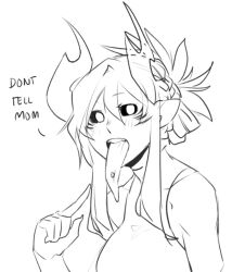 Rule 34 | 1girl, aiko (less), black sclera, colored sclera, commentary, demon girl, demon horns, english commentary, english text, folded ponytail, hair between eyes, horns, less, lineart, long tongue, looking at viewer, open mouth, original, piercing, pointing, pointing at self, pointy ears, simple background, solo, teeth, tongue, tongue out, tongue piercing, upper body, white background
