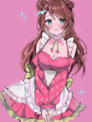 Rule 34 | 1girl, apron, blush, breasts, brown hair, cleavage, double bun, dress, embarrassed, emirichu (character), food print, green eyes, hair bun, highres, indie virtual youtuber, large breasts, long hair, long sleeves, maid apron, moenaomii, moenaomii (artist), own hands together, simple background, solo, standing, strawberry print, virtual youtuber