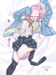 Rule 34 | 1girl, arms up, bed sheet, black skirt, black thighhighs, blue jacket, blush, book, bow, bowtie, breasts, closed eyes, covering face, dakimakura (medium), drawing, feet, highres, jacket, knee up, knees, leg up, legs, long sleeves, love live!, love live! school idol festival, lying, marker, notebook, open mouth, pen, pink hair, saliva, saliva trail, school uniform, shirt, short hair, skirt, sleeves past fingers, sleeves past wrists, sock pull, stomach, striped clothes, striped skirt, sweat, tennoji rina, thighhighs, thighhighs pull, thighs, unbuttoned, unzipped, white shirt, zawawa (satoukibi1108)