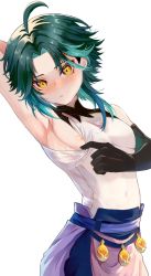 Rule 34 | 1boy, ahoge, arm up, armpits, bare shoulders, black gloves, black hair, blush, closed mouth, commentary request, diamond-shaped pupils, diamond (shape), elbow gloves, eyeshadow, genshin impact, gloves, green hair, highres, looking at viewer, makeup, male focus, multicolored hair, nipples, parted bangs, red eyeshadow, short hair with long locks, sidelocks, simple background, solo, symbol-shaped pupils, two-tone hair, white background, xiao (genshin impact), yellow eyes, yuno setouchi