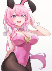 Rule 34 | 1girl, absurdres, animal ears, arm behind back, black pantyhose, blue eyes, breasts, butterfly ornament, cleavage, elysia (honkai impact), elysia (miss pink elf) (honkai impact), frilled sleeves, frills, hair between eyes, hand in own hair, highleg, highleg leotard, highres, honkai (series), honkai impact 3rd, large breasts, leotard, ling huanxiang, long hair, looking at viewer, pantyhose, pink hair, pink pupils, pink ribbon, playboy bunny, rabbit ears, ribbon, solo, white background, wrist cuffs