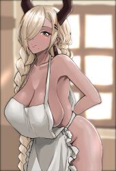 Rule 34 | 1girl, adjusting apron, apron, arms behind back, asymmetrical bangs, azur lane, bare shoulders, blonde hair, blurry, blurry background, braid, breasts, cleavage, collarbone, dangle earrings, dark-skinned female, dark skin, earrings, hair ornament, hair over one eye, hair over shoulder, hairclip, hanging breasts, jewelry, large breasts, leaning forward, long hair, looking at viewer, mole, mole under mouth, naked apron, niceratus kiotensis, one eye covered, owari (azur lane), sideboob, smile, solo, thighs, twin braids, very long hair, white apron, window, yellow eyes