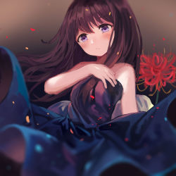 Rule 34 | 1girl, black hair, blue dress, blush, closed mouth, commentary request, dress, flower, hand on own chest, inoue takina, long hair, looking at viewer, lycoris recoil, milktea (gggrrr2000), purple eyes, sleeveless, sleeveless dress, solo, spider lily