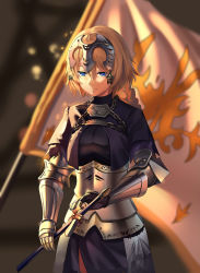 Rule 34 | 1girl, absurdres, armor, armored dress, ashiro (pixiv 23777766), banner, black dress, blonde hair, blue eyes, blurry, blurry background, braid, braided ponytail, chain, closed mouth, cowboy shot, dress, fate/apocrypha, fate (series), gauntlets, hair between eyes, headpiece, highres, holding, holding sword, holding weapon, jeanne d&#039;arc (fate), jeanne d&#039;arc (ruler) (fate), long hair, looking down, ponytail, solo, standing, sword, weapon