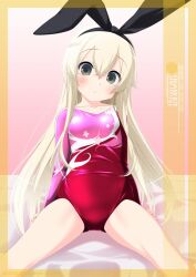 Rule 34 | 1girl, black hairband, blonde hair, blush, breasts, character name, collarbone, grey eyes, hairband, highres, inaba shiki, kantai collection, leotard, long hair, looking at viewer, pink leotard, red leotard, shimakaze (kancolle), sitting, small breasts, solo, two-tone leotard