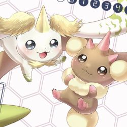 Rule 34 | :3, artist request, blush, creature, digimon, digimon (creature), flying, fur trim, happy, horns, looking at viewer, lopmon, lopmon x-antibody, no humans, siblings, simple background, tail, terriermon, terriermon x-antibody
