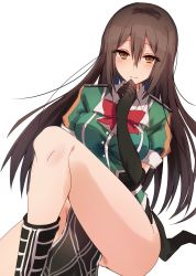 Rule 34 | 1girl, black gloves, black hair, brown eyes, chikuma (kancolle), commentary, commentary request, elbow gloves, gloves, highres, kantai collection, kinona, long hair, looking at viewer, simple background, smile, solo, white background