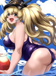 Rule 34 | 1girl, ass, ball, bandages, bare shoulders, beachball, blonde hair, blush, breasts, granblue fantasy, grey eyes, hat, hat feather, highres, large breasts, long hair, looking at viewer, maou (maoudaisukiya), monika weisswind, one-piece swimsuit, open mouth, school swimsuit, smile, solo, swimsuit, thighs