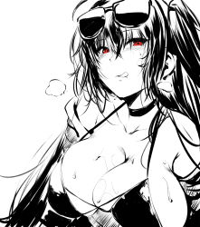Rule 34 | 1girl, azur lane, bare shoulders, belko, black hair, breasts, cleavage, collarbone, eyewear on head, hair between eyes, highres, jacket, large breasts, licking lips, long hair, looking at viewer, monochrome, off shoulder, open clothes, open jacket, red eyes, simple background, smile, solo, sunglasses, taihou (azur lane), taihou (enraptured companion) (azur lane), tongue, tongue out, white background