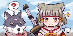 Rule 34 | 1girl, animal, animal ears, armor, blunt bangs, blush, canyne, cat ears, cat girl, dog, facial mark, gloves, japanese clothes, kamura (armor), looking at viewer, ma2acworks, monster hunter (series), monster hunter rise, nia (xenoblade), short hair, silver hair, simple background, solo, spoilers, xenoblade chronicles (series), xenoblade chronicles 2, yellow eyes