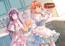 Rule 34 | 2girls, ahoge, angel wings, apron, back bow, beret, berry, blue dress, blue ribbon, blue wrist cuffs, bow, braid, brown corset, brown hair, cake, camera, capelet, cardcaptor sakura, chinese commentary, closed eyes, closed mouth, collared capelet, collared shirt, commentary request, corset, daidouji tomoyo, dress, eyelashes, ferret, food, frilled apron, frilled sleeves, frilled wrist cuffs, frills, frying pan, green eyes, hair over shoulder, hair ribbon, hand on own cheek, hand on own face, hat, high collar, holding, holding camera, holding plate, juliet sleeves, kero (cardcaptor sakura), kinomoto sakura, kita (kitairoha), kitchen, knife, long hair, long sleeves, multiple girls, open mouth, pink capelet, pink headwear, pink skirt, plate, pleated skirt, puffy sleeves, purple hair, recording, red bow, ribbon, shirt, short dress, short hair, side braid, skirt, skirt set, sleeveless, sleeveless dress, smile, spoon, teeth, upper teeth only, waist apron, watermark, weibo logo, weibo watermark, white apron, white bow, white shirt, white sleeves, white wings, wings, wrist cuffs