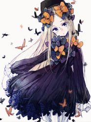 Rule 34 | 1girl, :o, abigail williams (fate), black bow, black dress, black hat, blonde hair, bloomers, blue eyes, bow, bug, butterfly, dress, fate/grand order, fate (series), hair bow, hands in opposite sleeves, hat, head tilt, hugging object, insect, long hair, long sleeves, looking at viewer, miharuko (kopera), orange bow, parted bangs, parted lips, polka dot, polka dot bow, solo, stuffed animal, stuffed toy, teddy bear, underwear, very long hair, white background, white bloomers