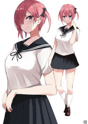 Rule 34 | 1girl, black bow, black ribbon, black skirt, blush, bow, breasts, brown footwear, closed mouth, commentary request, contrapposto, cowboy shot, eyebrows hidden by hair, finger to own chin, full body, go-toubun no hanayome, green eyes, hair bow, hair over one eye, highres, looking at viewer, medium breasts, multiple views, nakano ichika, parted lips, pineapple (pine), pink hair, pleated skirt, polka dot, red hair, ribbon, sailor collar, school uniform, serafuku, shirt, short hair, short sleeves, simple background, skirt, smile, standing, two side up, uniform, white background, white legwear, white shirt, zoom layer