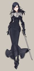 Rule 34 | 1girl, absurdres, arm behind back, armor, black dress, black footwear, black hair, buttons, contrapposto, dark souls (series), dark souls i, dark souls iii, dress, gauntlets, greaves, grey background, highres, holding, holding sword, holding weapon, long dress, mask alice, medium hair, mole, mole under mouth, parted lips, pink lips, purple eyes, see-through, simple background, solo, standing, sword, weapon, yuria of londor