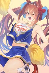 Rule 34 | 1girl, ;d, alternate costume, bare arms, bare shoulders, bike shorts under skirt, black tank top, blue skirt, blush, breasts, brown hair, cheerleader, cowboy shot, crop top, crop top overhang, daiwa scarlet (umamusume), fang, hair intakes, hand on own hip, hand up, highres, holding, holding pom poms, knee up, kneehighs, large breasts, long hair, looking at viewer, miniskirt, mn0640 s, one eye closed, open mouth, pleated skirt, pom pom (cheerleading), pom poms, red eyes, skin fang, skirt, smile, socks, solo, standing, standing on one leg, sweat, tank top, tiara, twintails, umamusume, very long hair, very sweaty, white socks