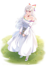 Rule 34 | 1girl, absurdres, bare shoulders, book, breasts, brooch, cleavage, commission, dandelion, dress, flower, grass, highres, holding, holding book, jewelry, large breasts, light smile, long hair, long sleeves, looking at viewer, necklace, paper mario, personification, pink eyes, rainbow gradient, sebu illust, super paper mario, tippi (paper mario), white dress, white footwear