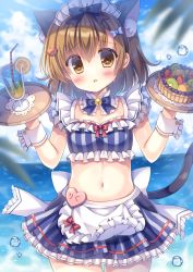 Rule 34 | 1girl, animal ear fluff, animal ears, apron, bell, bendy straw, bikini, blue bow, blurry, blurry foreground, blush, bow, breasts, brown eyes, brown hair, cat ears, cat girl, cat tail, commentary request, day, depth of field, drinking straw, food, food-themed hair ornament, frilled apron, frilled bikini, frilled skirt, frills, fruit, fruit tart, hair bow, hair ornament, hands up, heart, highres, holding, holding tray, horizon, jingle bell, kouta., lemon, lemon slice, looking at viewer, maid headdress, navel, ocean, original, outdoors, parted lips, pleated skirt, skirt, small breasts, solo, striped bikini, striped clothes, striped skirt, summer, swimsuit, tail, tart (food), tray, tropical drink, vertical-striped bikini, vertical-striped clothes, vertical-striped skirt, waist apron, water, watermelon hair ornament, white apron, wrist cuffs