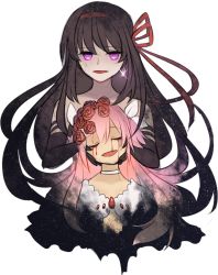 Rule 34 | 10s, 2girls, akemi homura, akuma homura, bare shoulders, black gloves, black hair, blood, bloody tears, choker, closed eyes, crying, dress, earrings, elbow gloves, flower, gloves, hair flower, hair ornament, hair ribbon, hand on another&#039;s cheek, hand on another&#039;s face, highres, holding head, jewelry, kaname madoka, kennymoney, long hair, looking at viewer, mahou shoujo madoka magica, mahou shoujo madoka magica: hangyaku no monogatari, multiple girls, purple eyes, red flower, red rose, ribbon, rose, single earring, smile, spoilers, star (sky), transparent background, two side up, ultimate madoka, white background