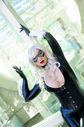 Rule 34 | against wall, black cat (marvel), blue eyes, bodysuit, breasts, cleavage, corset, cosplay, large breasts, lipstick, makeup, marvel, mask, photo (medium), shiny clothes, skin tight, spider-man (series), white hair, yaya han