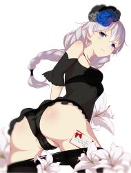 Rule 34 | 1girl, absurdres, ass, babyzhugg, bare shoulders, black bra, black dress, black flower, black panties, black pantyhose, blue eyes, blue flower, bra, braid, braided ponytail, breasts, cameltoe, dress, flower, hair flower, hair ornament, highres, honkai (series), honkai impact 3rd, kallen kaslana, kallen kaslana (sixth serenade), lily (flower), long hair, looking at viewer, medium breasts, panties, pantyhose, partially visible vulva, see-through, shiny skin, silver hair, simple background, single braid, solo, torn clothes, torn pantyhose, underwear, white background, white flower