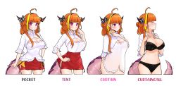 Rule 34 | 1girl, absurdres, ahoge, blonde hair, blunt bangs, blush, bra, breasts, closed eyes, commentary, cowboy shot, curtain call challenge (meme), dragon girl, dragon horns, dragon tail, english commentary, grin, highres, hololive, horns, kiryu coco, large breasts, meme, multicolored hair, multiple views, navel, orange hair, panties, parted lips, pointy ears, ryoshi, simple background, skirt, smile, tail, teeth, two-tone hair, underwear, virtual youtuber, white background
