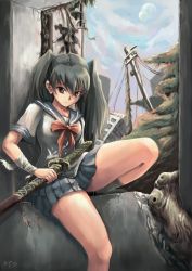 Rule 34 | bandages, black hair, brown eyes, school uniform, sitting, skirt, solo, sts, sword, twintails, weapon