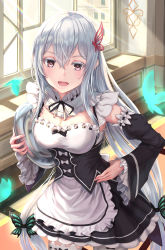 Rule 34 | 1girl, :d, absurdres, alternate costume, blue butterfly, breasts, bug, butterfly, butterfly hair ornament, cleavage, colored eyelashes, commentary request, detached sleeves, echidna (re:zero), enmaided, hair between eyes, hair ornament, highres, indoors, insect, long hair, looking at viewer, maid, medium breasts, open mouth, pink eyes, re:zero kara hajimeru isekai seikatsu, revision, roswaal mansion maid uniform, silver hair, smile, solo, tooku0, window