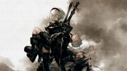 Rule 34 | 1boy, 2girls, black dress, boots, breasts, carrying, cleavage, copyright name, cropped, dress, grey background, hairband, high heel boots, high heels, highres, huge weapon, long hair, medium breasts, mole, mole under mouth, multiple girls, nier (series), nier:automata, official art, princess carry, short hair, silver hair, smoke, sword, thigh boots, thighhighs, very long hair, weapon, weapon on back, 2b (nier:automata), 9s (nier:automata), a2 (nier:automata), yoshida akihiko