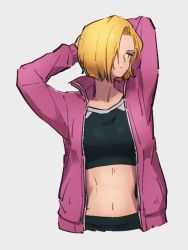 Rule 34 | 1girl, android 18, arms behind head, blonde hair, closed mouth, dragon ball, dragon ball super, grey background, jacket, kemachiku, long sleeves, looking to the side, midriff, navel, pink jacket, short hair, simple background, solo, sportswear, track jacket