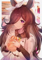 Rule 34 | 1girl, animal ears, bad id, bad pixiv id, bow, brown hair, closed mouth, commentary request, ear ribbon, food, hair ornament, highres, holding, holding food, horse ears, horse girl, long hair, long sleeves, makuwori, pink eyes, ribbon, rice shower (umamusume), sandwich, solo, umamusume, white ribbon