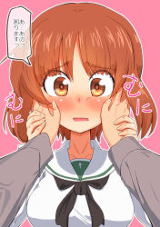Rule 34 | 1girl, 1other, black neckerchief, blouse, blush, brown eyes, brown hair, commentary, frown, girls und panzer, grey shirt, hand on another&#039;s hand, hands on another&#039;s face, highres, jinguu (4839ms), long sleeves, looking at viewer, neckerchief, nishizumi miho, ooarai school uniform, open mouth, outline, pink background, pov, sailor collar, school uniform, serafuku, shirt, short hair, solo focus, translated, white outline, white sailor collar, white shirt