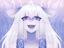 1girl ahegao blue_eyes rabbit colored_skin dollachan eyeliner highres kindred_(league_of_legends) league_of_legends makeup mask unworn_mask open_mouth saliva teeth white_hair white_skin