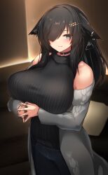 Rule 34 | 1girl, animal ears, bare shoulders, black choker, black hair, blush, breasts, choker, coat, cow, denim, earrings, grey coat, grey eyes, grey nails, hair ornament, hair over one eye, highres, jeans, jewelry, large breasts, off shoulder, original, pants, ribbed sweater, ring, sleeveless, sleeveless sweater, solo, steepled fingers, sweater, tylwing