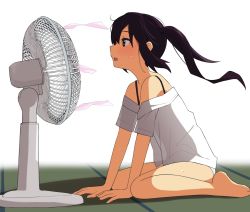 Rule 34 | 1girl, barefoot, black hair, blush, brown eyes, commentary, electric fan, from side, highres, k-on!, long hair, nakano azusa, open mouth, sitting, solo, sweat, symbol-only commentary, tatami, teeth, tennosuke (tejons), twintails, upper teeth only