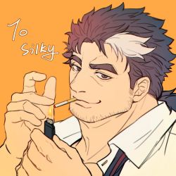 Rule 34 | 1boy, bara, black hair, cigarette, close-up, facial hair, grey eyes, lighter, lighting cigarette, long sideburns, looking at viewer, male focus, manly, mononobe kyoma, mouth hold, multicolored hair, muscular, pectorals, sdz (inazuma), shirt, short hair, sideburns, smirk, smoking, solo, streaked hair, stubble, thick eyebrows, tokyo houkago summoners, two-tone hair, upper body, white hair, white shirt