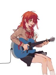Rule 34 | 1girl, black skirt, bocchi the rock!, bow, bowtie, brown sailor collar, brown shirt, commentary request, electric guitar, green eyes, guitar, highres, instrument, kita ikuyo, lingyi, long hair, open mouth, playing guitar, pleated skirt, red bow, red bowtie, red hair, sailor collar, school uniform, serafuku, shirt, shuka high school uniform, simple background, sitting, skirt, smile, socks, solo, white background, white socks