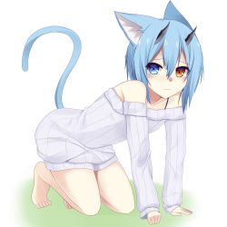 Rule 34 | 1girl, animal ears, blue hair, bottomless, cat ears, cat tail, deuman, full body, heterochromia, horns, io (pso2), off-shoulder, off-shoulder sweater, off shoulder, phantasy star, phantasy star online 2, short hair, simple background, solo, sweater, syumya (syakuku15mon), tail, white background