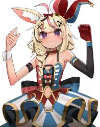 Rule 34 | 1girl, @ @, absurdres, animal ear fluff, animal ears, black hair, blonde hair, blush, bow, bowtie, braid, breasts, clothing cutout, commentary, dress, elbow gloves, fox ears, fox girl, gloves, hair ornament, hat, heart, highres, hololive, looking at viewer, multicolored hair, navel cutout, omaru polka, omaru polka (1st costume), pink hair, purple eyes, red bow, saaal653, side braid, simple background, single elbow glove, small breasts, solo, star (symbol), streaked hair, sweat, symbol-only commentary, virtual youtuber, wavy mouth, white background, x hair ornament