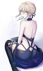 Rule 34 | 1girl, artoria pendragon (alter swimsuit rider) (fate), artoria pendragon (alter swimsuit rider) (third ascension) (fate), artoria pendragon (fate), ass, back, bare back, bare shoulders, black thighhighs, blonde hair, braid, butt crack, eating, fate/grand order, fate (series), food, hair ribbon, highres, looking at viewer, looking back, open mouth, popsicle, ribbon, sii artatm, simple background, sitting, solo, thighhighs, white background, yellow eyes
