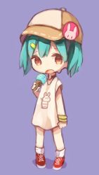 Rule 34 | 1girl, black neckwear, blue hair, brown hat, chibi, choker, cross, eating, food, hair ornament, hairclip, hat, highres, ice cream, ice cream cone, looking at viewer, open mouth, original, rabbit pin, sencha (senta 10), shoes, short hair, sleeveless, sneakers, solo, wristband