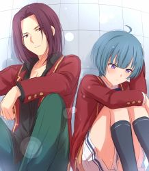 Rule 34 | 1boy, 1girl, against wall, ahoge, black legwear, black shirt, blue hair, blush, closed mouth, collared shirt, commentary request, elbow on knee, embarrassed, eyes visible through hair, feet out of frame, frown, green pants, highres, ibuki mio, jacket, lens flare, long hair, long sleeves, looking at another, looking down, pants, parted lips, purple eyes, purple hair, red jacket, ryuuen kakeru, sekina, shirt, sitting, skirt, socks, white skirt, wing collar, youkoso jitsuryoku shijou shugi no kyoushitsu e